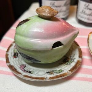 Vintage almond Jam/Jelly pot. 4" spoon removable top, attached plate  with bugs
